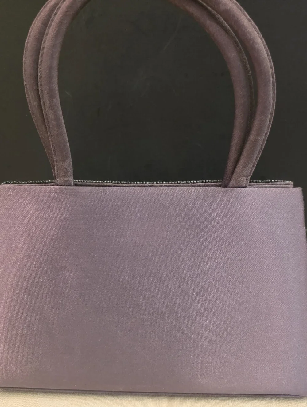 Reaction Vintage Grsy Satin Bag w/ Square Beaded Sequins Soft Handles Snap Top